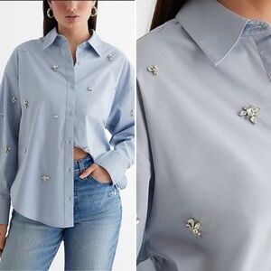 EXPRESS Portofino Button Down Cropped Shirt With Rhinestones
